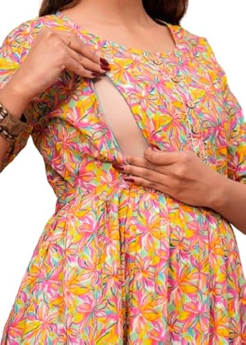 JAIPURFAME Stylish Women's Pure Cotton All Over Printed Kurti Gown, Maternity Dress, and Feeding Dress – Comfortable and Elegant Maternity Wear for Women Multicolour