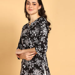 Black1 - Women's Floral Printed Cotton Top - Stylish Long Top with Mandarin Collar, Perfect for Jeans, Ideal for Casual & Ethnic Wear