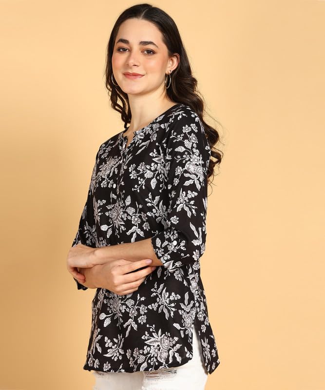 Black1 - Women's Floral Printed Cotton Top - Stylish Long Top with Mandarin Collar, Perfect for Jeans, Ideal for Casual & Ethnic Wear