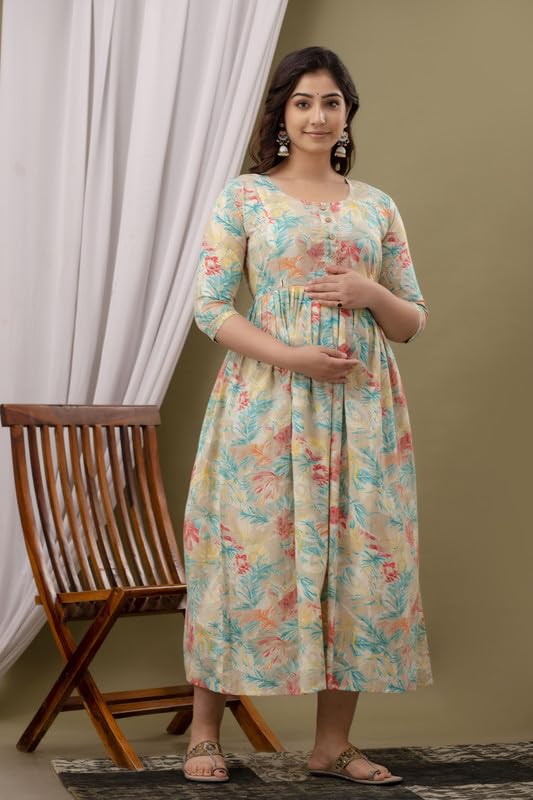 Cream - Maternity Feeding Kurti with Zipper | Cotton Floral Printed Pregnancy & Nursing Dress | Comfortable Maternity Wear for Women | Breastfeeding Kurta Set with Zip | Stylish & Soft