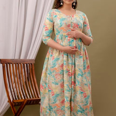 CREAM - Maternity Feeding Kurti with Zipper | Cotton Floral Printed Pregnancy & Nursing Dress | Comfortable & Stylish Maternity Wear for Women | Breastfeeding Kurta with Zipper | Soft & Elegant