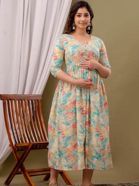CREAM - Maternity Feeding Kurti with Zipper | Cotton Floral Printed Pregnancy & Nursing Dress | Comfortable & Stylish Maternity Wear for Women | Breastfeeding Kurta with Zipper | Soft & Elegant