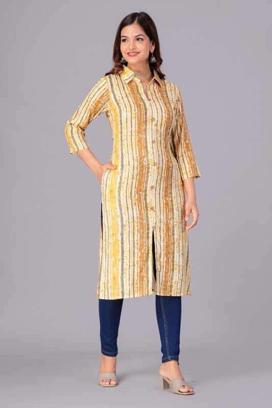Yellow - Women's Cotton Kurta | Elegant Rust Stripe Collar-Neck Kurta | Perfect Blend of Comfort & Style | Suitable for Party & Casual Wear