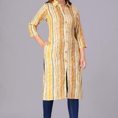 Yellow - Women's Cotton Kurta | Elegant Rust Stripe Collar-Neck Kurta | Perfect Blend of Comfort & Style | Suitable for Party & Casual Wear