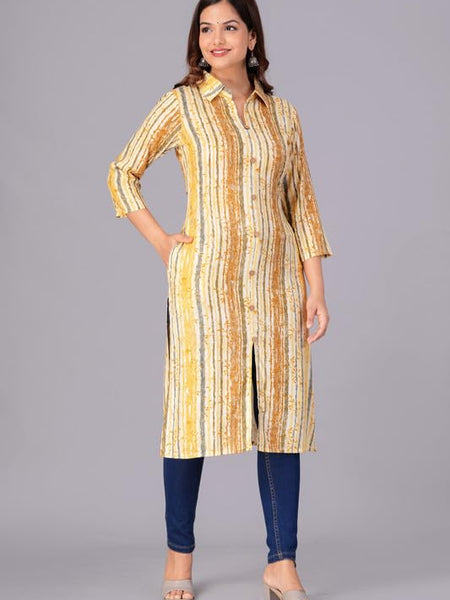 Yellow - Women's Cotton Kurta | Elegant Rust Stripe Collar-Neck Kurta | Perfect Blend of Comfort & Style | Suitable for Party & Casual Wear