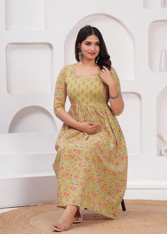 Olive Yellow - JAIPURFAME Maternity Feeding Kurti with Zipper | Cotton Floral Printed Pregnancy & Nursing Dress | Comfortable & Stylish Maternity Wear for Women | Breastfeeding Kurta with Zipper | Soft & Elegant