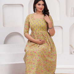 Olive Yellow - Maternity Feeding Kurti with Zipper | Cotton Floral Printed Pregnancy & Nursing Dress | Comfortable & Stylish Maternity Wear for Women | Breastfeeding Kurta with Zipper | Soft & Elegant