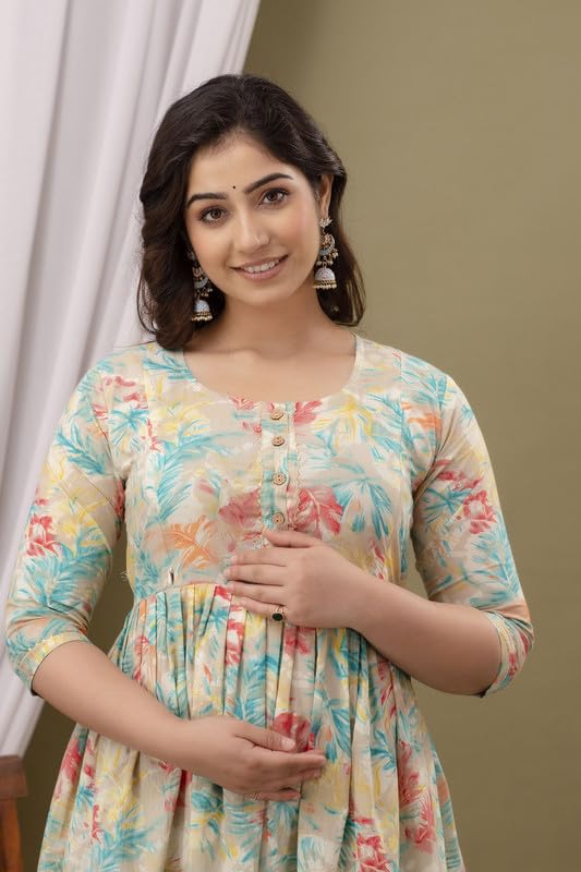 Cream - Maternity Feeding Kurti with Zipper | Cotton Floral Printed Pregnancy & Nursing Dress | Comfortable Maternity Wear for Women | Breastfeeding Kurta Set with Zip | Stylish & Soft