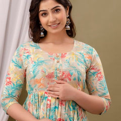 CREAM - JAIPURFAME Maternity Feeding Kurti with Zipper | Cotton Floral Printed Pregnancy & Nursing Dress | Comfortable & Stylish Maternity Wear for Women | Breastfeeding Kurta with Zipper | Soft & Elegant