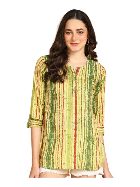 Green Multi - Women's Floral Printed Cotton Top - Stylish Long Top with Mandarin Collar, Perfect for Jeans, Ideal for Casual & Ethnic Wear