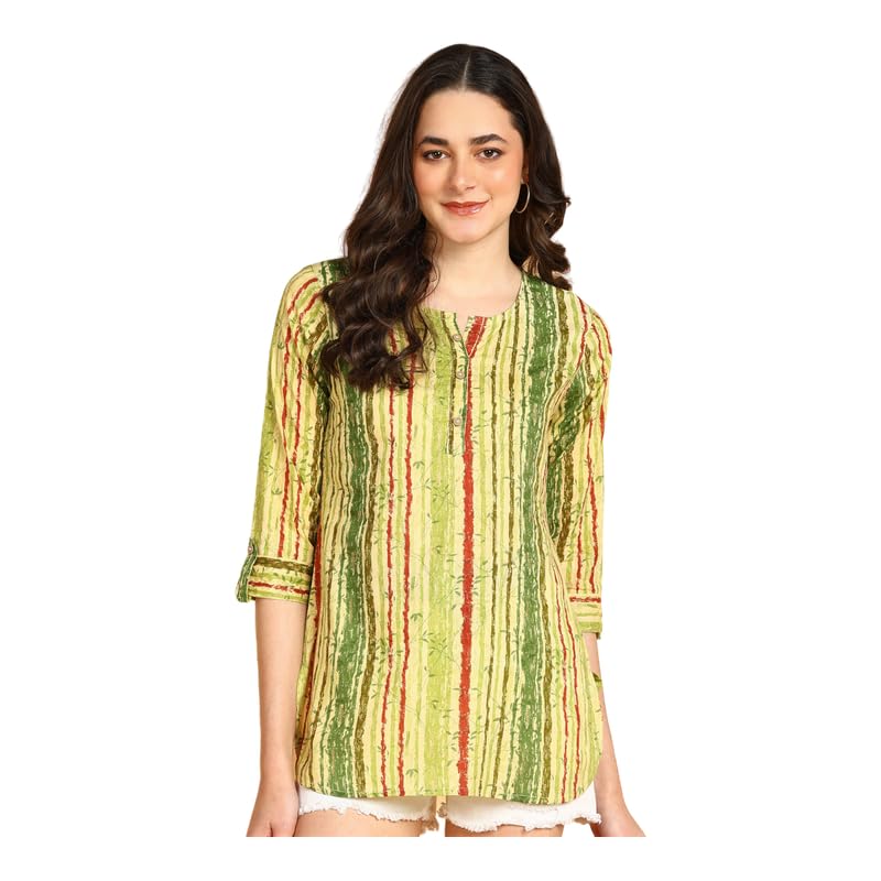 Green Multi - Women's Floral Printed Cotton Top - Stylish Long Top with Mandarin Collar, Perfect for Jeans, Ideal for Casual & Ethnic Wear