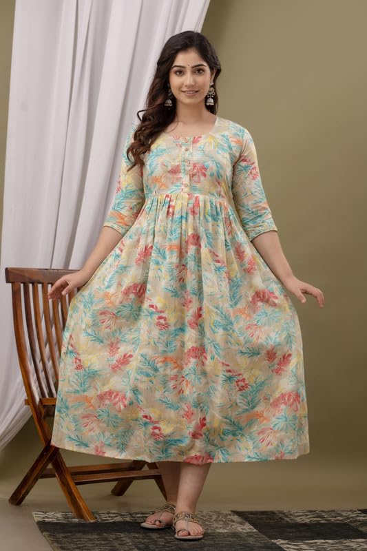 Cream - Maternity Feeding Kurti with Zipper | Cotton Floral Printed Pregnancy & Nursing Dress | Comfortable Maternity Wear for Women | Breastfeeding Kurta Set with Zip | Stylish & Soft