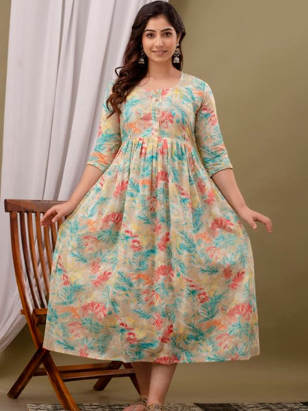 Cream - Maternity Feeding Kurti with Zipper | Cotton Floral Printed Pregnancy & Nursing Dress | Comfortable Maternity Wear for Women | Breastfeeding Kurta Set with Zip | Stylish & Soft