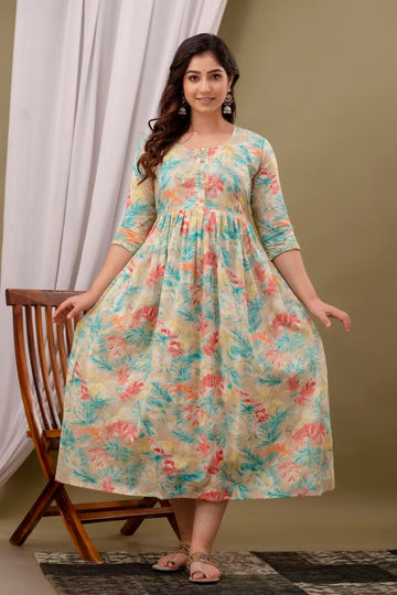 Cream - Maternity Feeding Kurti with Zipper | Cotton Floral Printed Pregnancy & Nursing Dress | Comfortable Maternity Wear for Women | Breastfeeding Kurta Set with Zip | Stylish & Soft