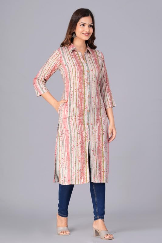Peach - Women's Cotton Kurta | Elegant Rust Stripe Collar-Neck Kurta | Perfect Blend of Comfort & Style | Suitable for Party & Casual Wear