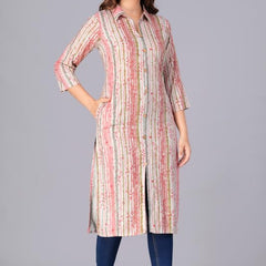 Peach - Women's Cotton Kurta | Elegant Rust Stripe Collar-Neck Kurta | Perfect Blend of Comfort & Style | Suitable for Party & Casual Wear