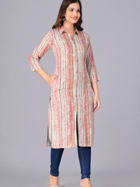 Peach - Women's Cotton Kurta | Elegant Rust Stripe Collar-Neck Kurta | Perfect Blend of Comfort & Style | Suitable for Party & Casual Wear