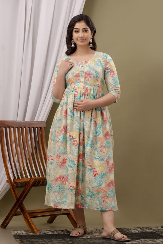 Cream - Maternity Feeding Kurti with Zipper | Cotton Floral Printed Pregnancy & Nursing Dress | Comfortable Maternity Wear for Women | Breastfeeding Kurta Set with Zip | Stylish & Soft