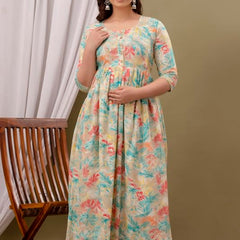 CREAM - Maternity Feeding Kurti with Zipper | Cotton Floral Printed Pregnancy & Nursing Dress | Comfortable & Stylish Maternity Wear for Women | Breastfeeding Kurta with Zipper | Soft & Elegant