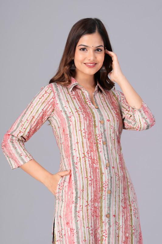 Peach - Women's Cotton Kurta | Elegant Rust Stripe Collar-Neck Kurta | Perfect Blend of Comfort & Style | Suitable for Party & Casual Wear