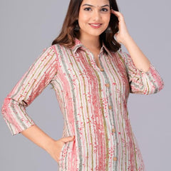 Peach - Women's Cotton Kurta | Elegant Rust Stripe Collar-Neck Kurta | Perfect Blend of Comfort & Style | Suitable for Party & Casual Wear