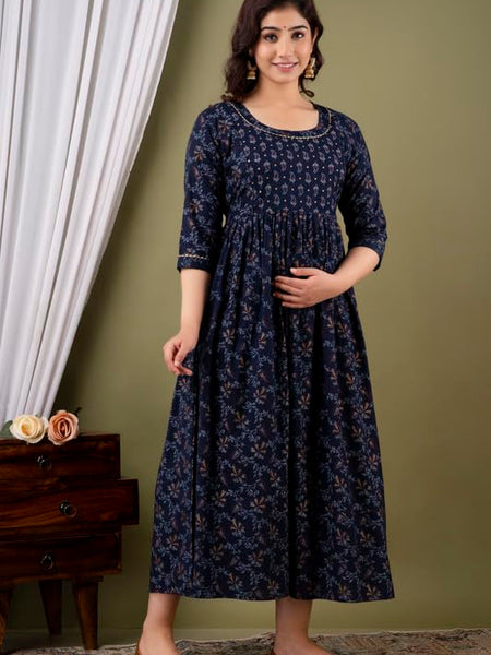 Dark Blue - Maternity Feeding Kurti with Zipper | Cotton Floral Printed Pregnancy & Nursing Dress | Comfortable Maternity Wear for Women | Breastfeeding Kurta Set with Zip | Stylish & Soft
