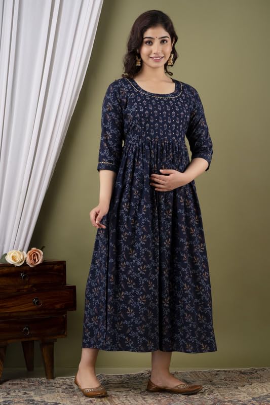 Dark Blue - Maternity Feeding Kurti with Zipper | Cotton Floral Printed Pregnancy & Nursing Dress | Comfortable & Stylish Maternity Wear for Women | Breastfeeding Kurta with Zipper | Soft & Elegant