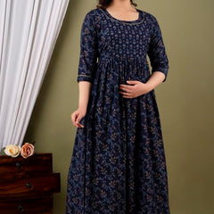 Dark Blue - Maternity Feeding Kurti with Zipper | Cotton Floral Printed Pregnancy & Nursing Dress | Comfortable & Stylish Maternity Wear for Women | Breastfeeding Kurta with Zipper | Soft & Elegant