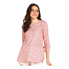 Pink - Women's Floral Printed Cotton Top - Stylish Long Top with Mandarin Collar, Perfect for Jeans, Ideal for Casual & Ethnic Wear