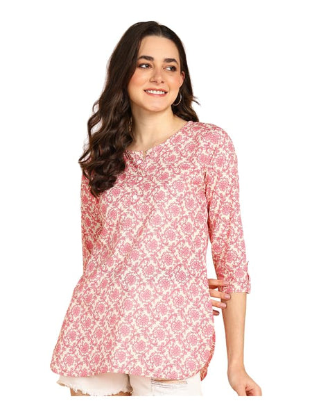 Pink - Women's Floral Printed Cotton Top - Stylish Long Top with Mandarin Collar, Perfect for Jeans, Ideal for Casual & Ethnic Wear
