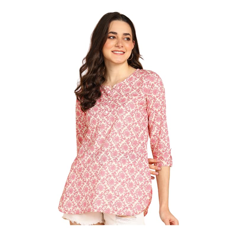 Pink - Women's Floral Printed Cotton Top - Stylish Long Top with Mandarin Collar, Perfect for Jeans, Ideal for Casual & Ethnic Wear