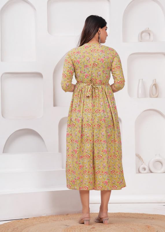 Olive Yellow - Maternity Feeding Kurti with Zipper | Cotton Floral Printed Pregnancy & Nursing Dress | Comfortable & Stylish Maternity Wear for Women | Breastfeeding Kurta with Zipper | Soft & Elegant