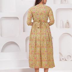 Olive Yellow - Maternity Feeding Kurti with Zipper | Cotton Floral Printed Pregnancy & Nursing Dress | Comfortable & Stylish Maternity Wear for Women | Breastfeeding Kurta with Zipper | Soft & Elegant