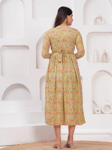 Olive Yellow - Maternity Feeding Kurti with Zipper | Cotton Floral Printed Pregnancy & Nursing Dress | Comfortable & Stylish Maternity Wear for Women | Breastfeeding Kurta with Zipper | Soft & Elegant