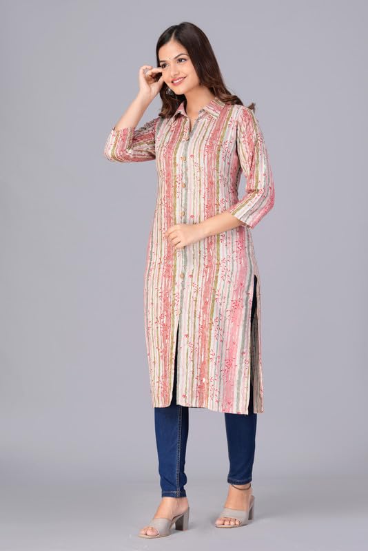 Peach - Women's Cotton Kurta | Elegant Rust Stripe Collar-Neck Kurta | Perfect Blend of Comfort & Style | Suitable for Party & Casual Wear
