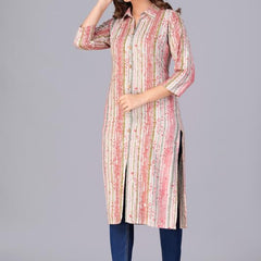 Peach - Women's Cotton Kurta | Elegant Rust Stripe Collar-Neck Kurta | Perfect Blend of Comfort & Style | Suitable for Party & Casual Wear