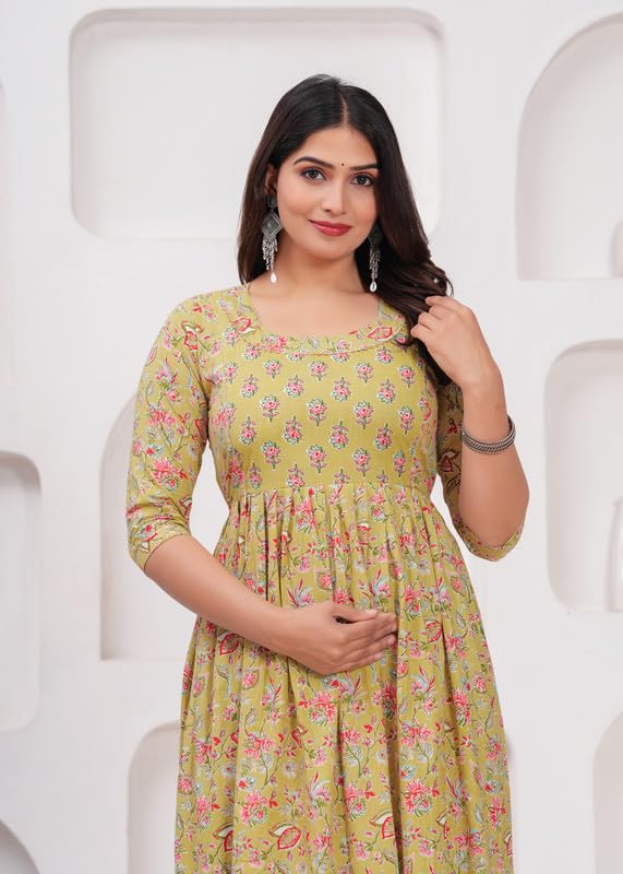 Olive Yellow - Maternity Feeding Kurti with Zipper | Cotton Floral Printed Pregnancy & Nursing Dress | Comfortable & Stylish Maternity Wear for Women | Breastfeeding Kurta with Zipper | Soft & Elegant