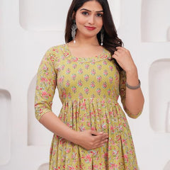 Olive Yellow - JAIPURFAME Maternity Feeding Kurti with Zipper | Cotton Floral Printed Pregnancy & Nursing Dress | Comfortable & Stylish Maternity Wear for Women | Breastfeeding Kurta with Zipper | Soft & Elegant