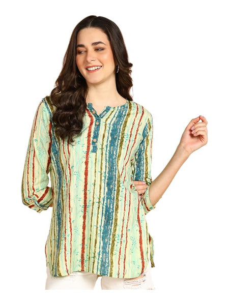 Sky Blue - Women's Floral Printed Cotton Top - Stylish Long Top with Mandarin Collar, Perfect for Jeans, Ideal for Casual & Ethnic Wear