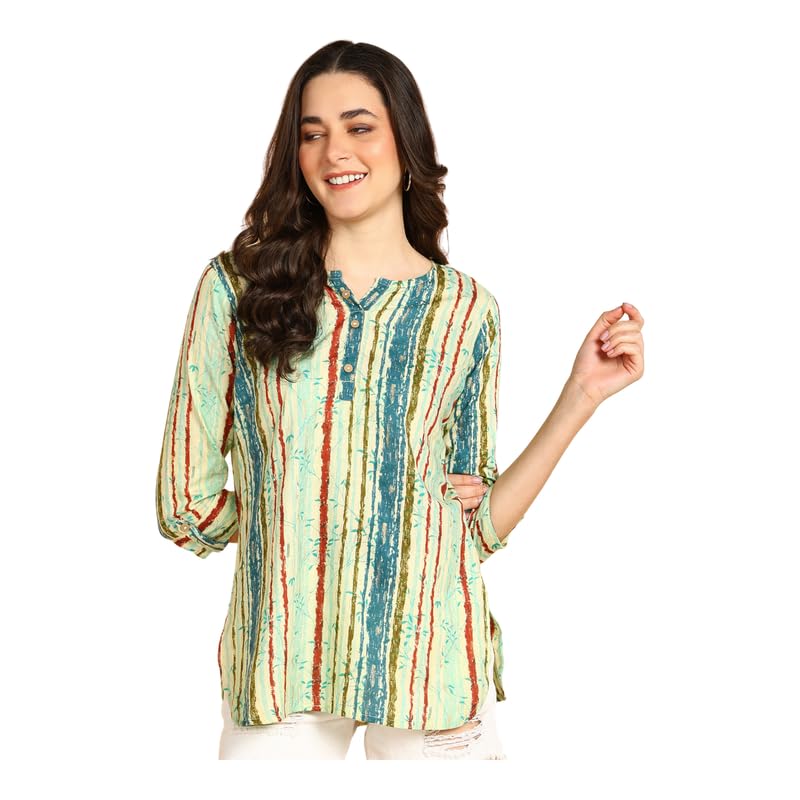 Sky Blue - Women's Floral Printed Cotton Top - Stylish Long Top with Mandarin Collar, Perfect for Jeans, Ideal for Casual & Ethnic Wear