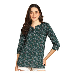 Bottle Green - Women's Floral Printed Cotton Top - Stylish Long Top with Mandarin Collar, Perfect for Jeans, Ideal for Casual & Ethnic Wear