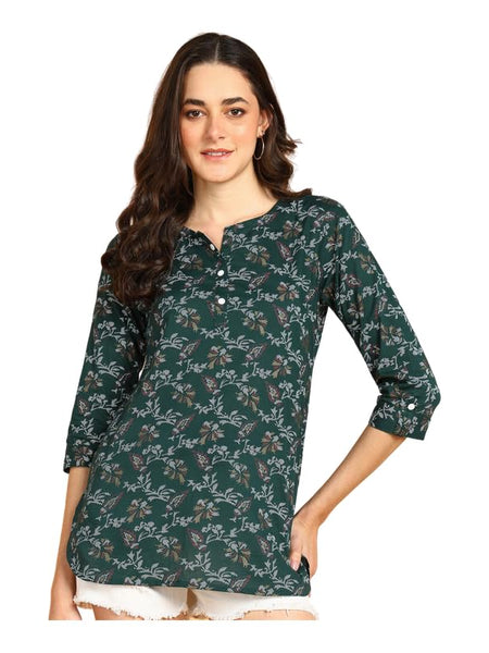 Bottle Green - Women's Floral Printed Cotton Top - Stylish Long Top with Mandarin Collar, Perfect for Jeans, Ideal for Casual & Ethnic Wear