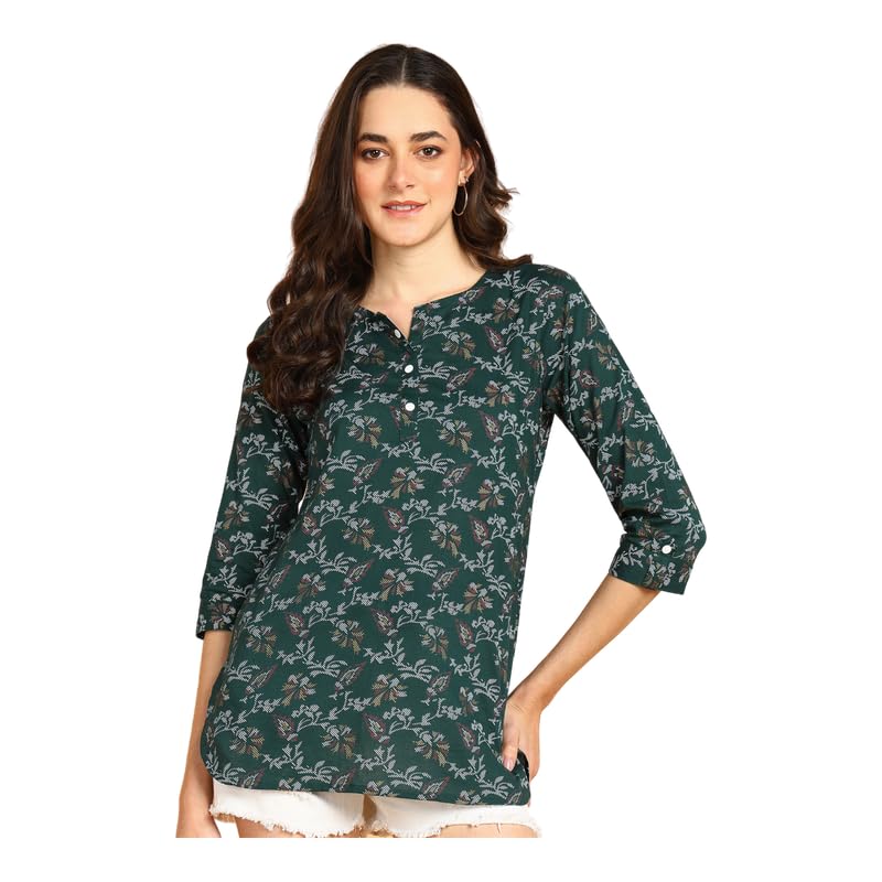 Bottle Green - Women's Floral Printed Cotton Top - Stylish Long Top with Mandarin Collar, Perfect for Jeans, Ideal for Casual & Ethnic Wear
