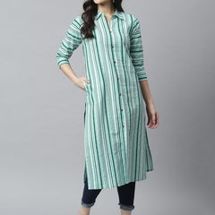 Green - Women's Rayon Kurta | Elegant Rust Stripe Collar-Neck Kurta | Perfect Blend of Comfort & Style | Suitable for Party & Casual Wear