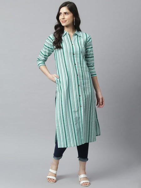 Green - Women's Rayon Kurta | Elegant Rust Stripe Collar-Neck Kurta | Perfect Blend of Comfort & Style | Suitable for Party & Casual Wear