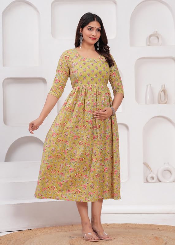 Olive Yellow - Maternity Feeding Kurti with Zipper | Cotton Floral Printed Pregnancy & Nursing Dress | Comfortable & Stylish Maternity Wear for Women | Breastfeeding Kurta with Zipper | Soft & Elegant