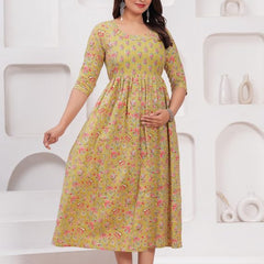 Olive Yellow - JAIPURFAME Maternity Feeding Kurti with Zipper | Cotton Floral Printed Pregnancy & Nursing Dress | Comfortable & Stylish Maternity Wear for Women | Breastfeeding Kurta with Zipper | Soft & Elegant