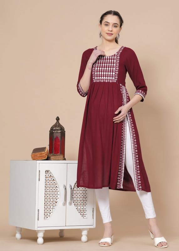 Maroon - Maternity Feeding Kurti with Zipper | Cotton Floral Printed Pregnancy & Nursing Dress | Comfortable & Stylish Maternity Wear for Women | Breastfeeding Kurta with Zipper | Soft & Elegant