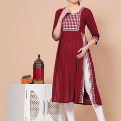 Maroon - Maternity Feeding Kurti with Zipper | Cotton Floral Printed Pregnancy & Nursing Dress | Comfortable & Stylish Maternity Wear for Women | Breastfeeding Kurta with Zipper | Soft & Elegant