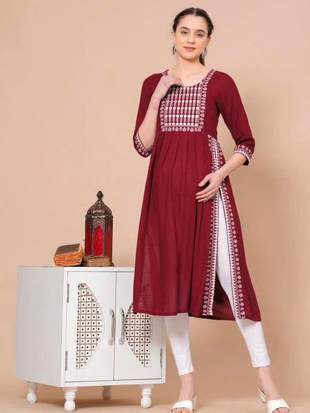 Maroon - Maternity Feeding Kurti with Zipper | Cotton Floral Printed Pregnancy & Nursing Dress | Comfortable & Stylish Maternity Wear for Women | Breastfeeding Kurta with Zipper | Soft & Elegant